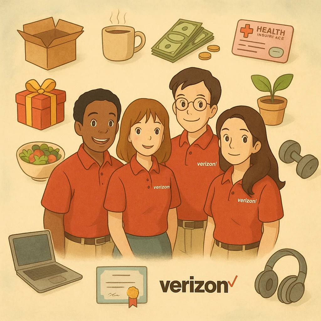 ghibli style friendly Verizon employees surrounded by perk items, soft colors emoji