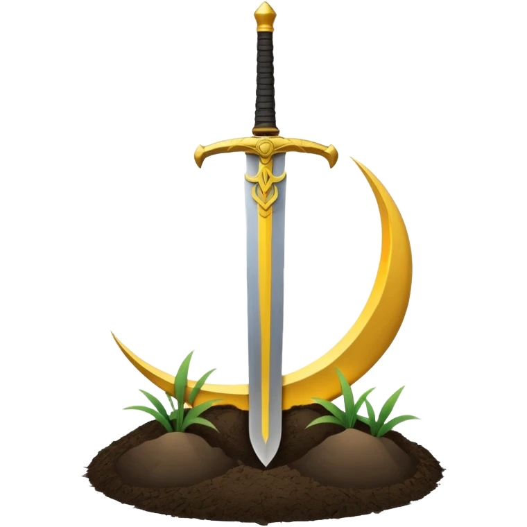 Minimalist emoji of a single upright sword planted into the ground with a glowing crescent rising behind it, representing inner discipline, Islamic strength, and the start of a new chapter. Flat icon style, transparent background emoji