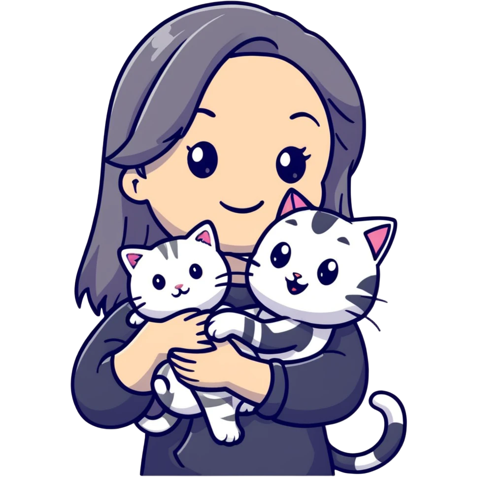 smiling girl with long hair holding a cat with silver stripes emoji