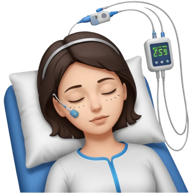 brunette woman sleeping polysomnography sleep test with electrodes attached to head emoji