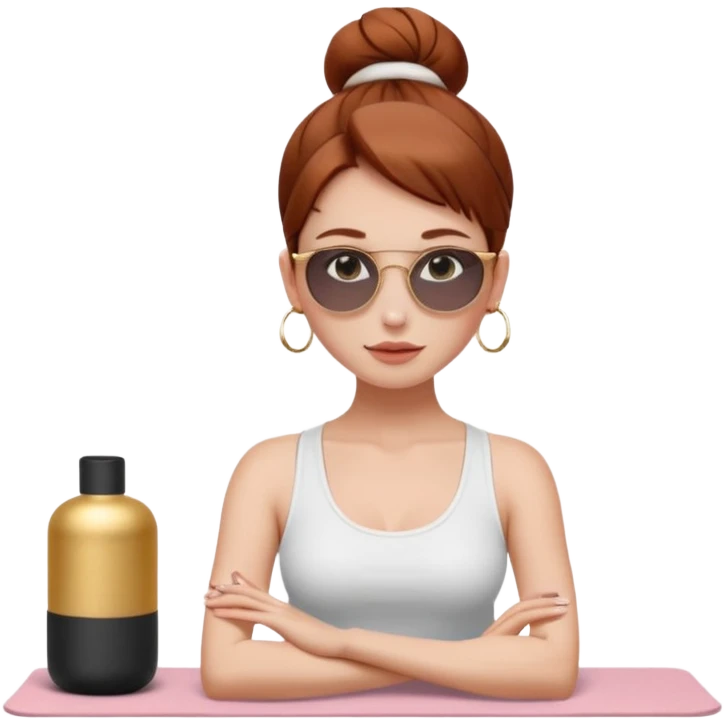 Clean girl influencer character, chest-up portrait.Sleek tight bun hair color (auburn .Natural glossy makeup, soft blush, shiny lips.Minimal white tank top, small gold hoop earrings, delicate gold necklace.Black sunglasses on head.Rolled yoga mat hanging over her shoulder. emoji