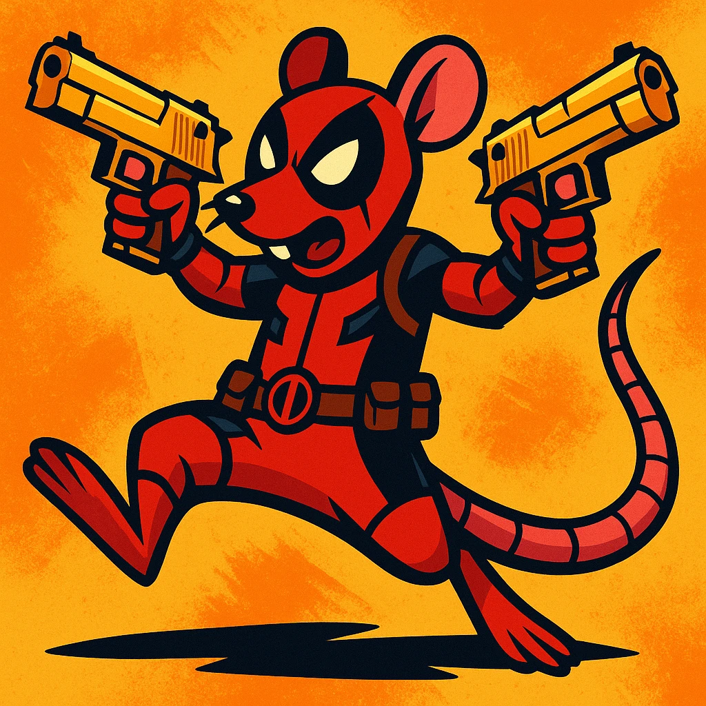 A rat dressed as Deadpool, holding two golden Desert Eagle pistols, dynamic pose, comic book style, vibrant colors emoji