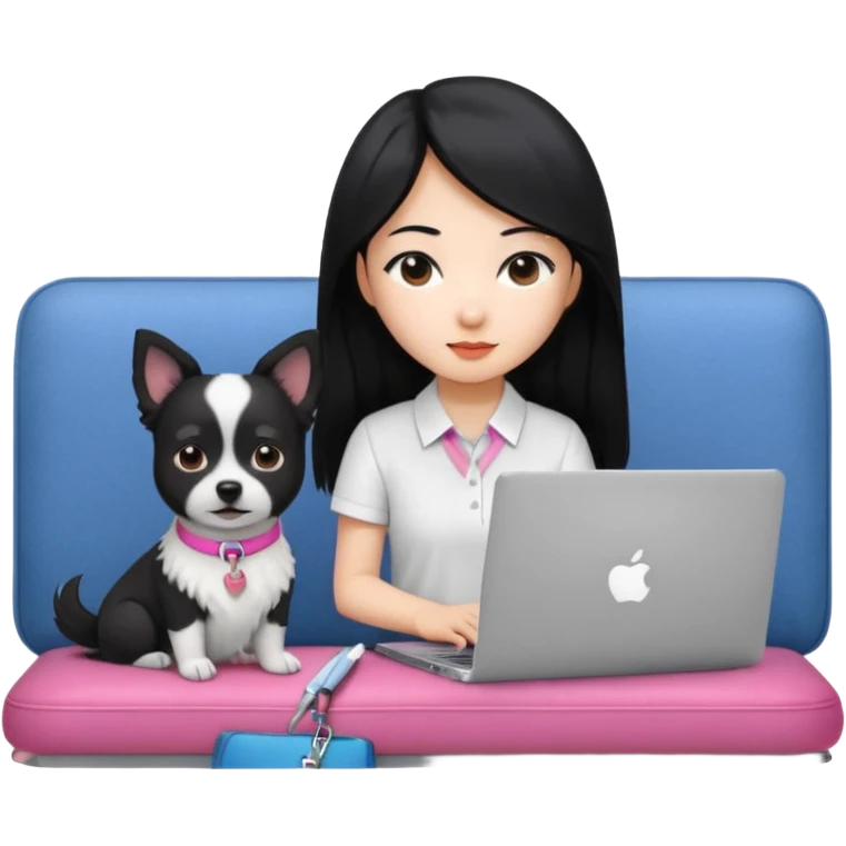 Blue back ground, Asian girl with long black hair working on an Apple laptop, next to her is a small black and white dog with pink collar on  emoji