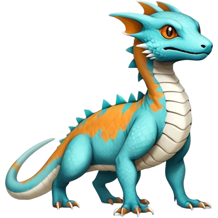 Rare realistic exotic cute white gloomy whitish and orange and cyan epic pretty beautiful handsome gorgeous aesthetic colorful vibrant Vernid-Trico-species-Fakemon-Salandit-hybrid-creature by LiLaiRa, 4 legs, 1 tail, random markings, (full body) emoji
