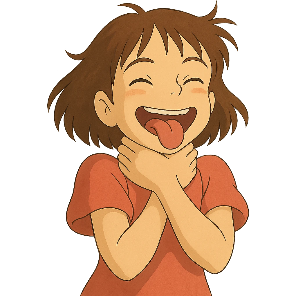 ghibli style girl with her hands wrapped around her own neck, laughing, tongue out emoji