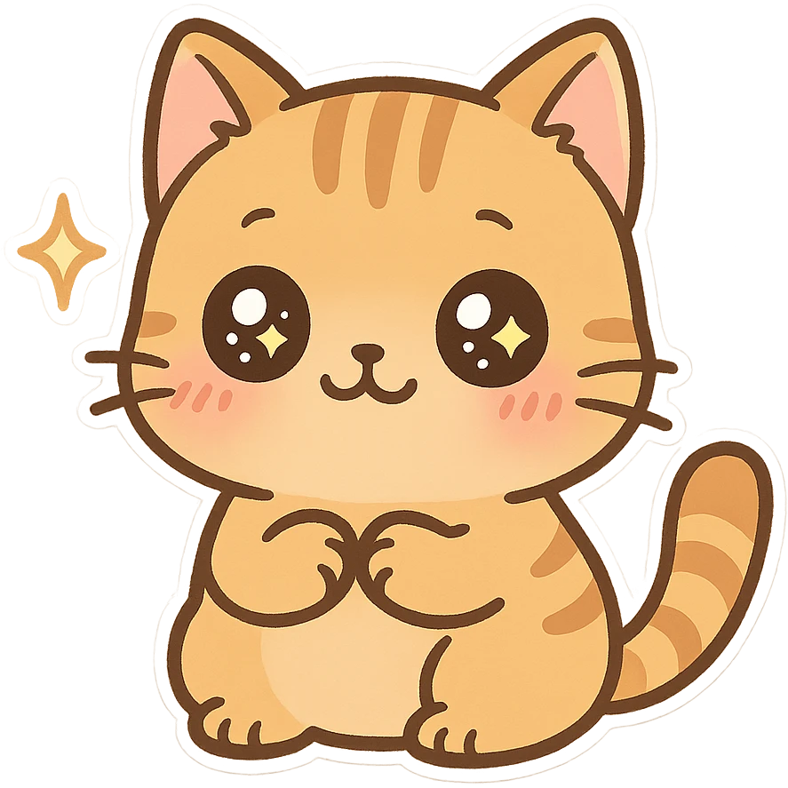 chibi cat, tiny paws, sparkling eyes, blushing cheeks, minimal background emoji
