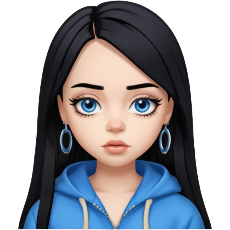 billie eilish as pretty bratz baddie, sharp black eyeliner, black hair, blue eyes emoji