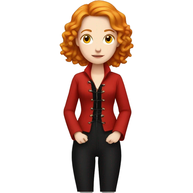 Pale girl with wavy ginger hair meditating with red corset, black pants, black shoes, long red jacket emoji
