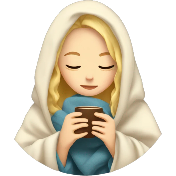 Blonde girl inside a blanket sipping coffee eyes closed emoji