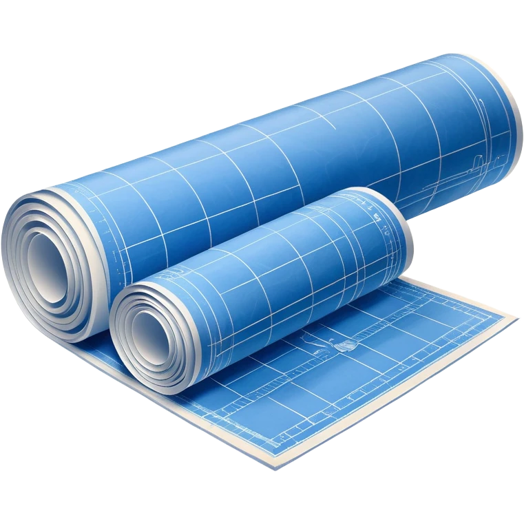 half rolled up blue blueprint plan with white architectural lines, perspective angle emoji