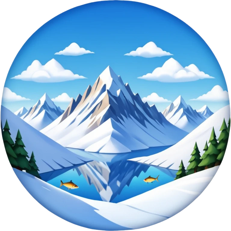 a snowy mountain landscape with towering peaks and a clear sky, fish eye lens effect emoji