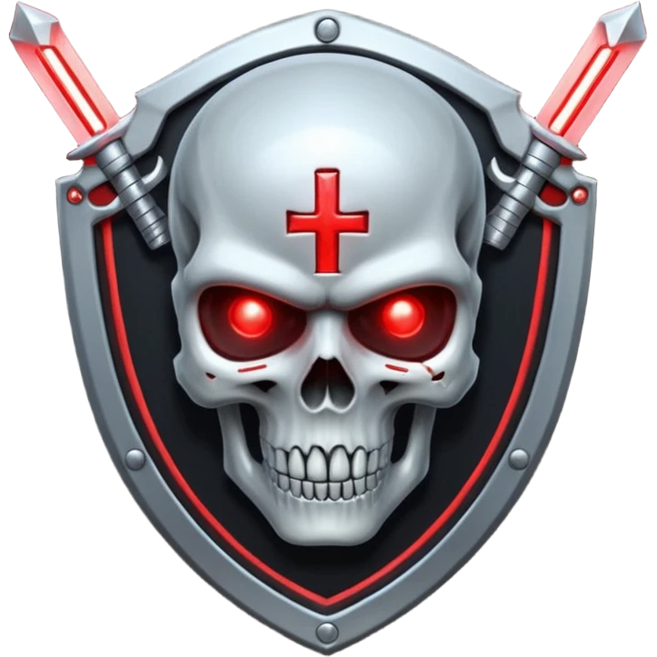 Sci-fi shield badge, terminator style skull, glowing red eyes, crossed futuristic sable and energy sword, no background emoji