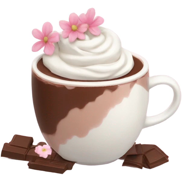 Hot chocolate with pale pink flower and whipped cream emoji