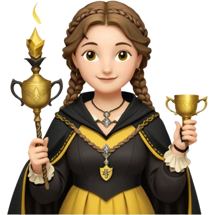 Helga Hufflepuff,the Hogwarts founder of Hufflepuff,brown-haired,2braids,yellow-black medieval dress with black cloak decorated with gold braiding,flickering magic wand and tiny two-handled shiny gold cup engraved with the badger silhouette,very kind smile,curvy busty sweet emoji