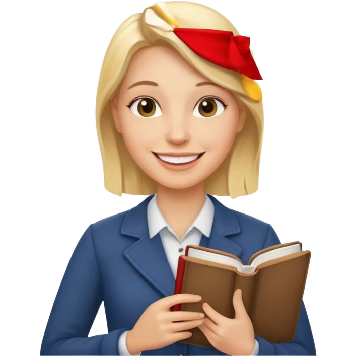 fun blonde history teacher, smiling, holding a book emoji