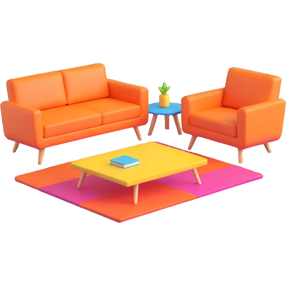 planned furniture, isometric view, modern living room set, sofa, coffee table, armchair, colorful emoji