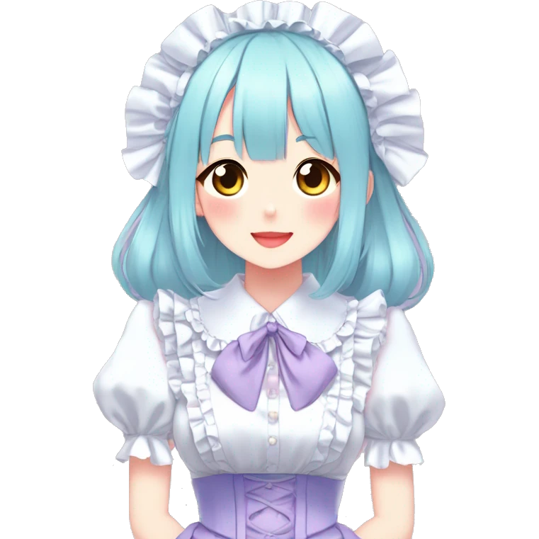 Gorgeous anime style lady blushing face maid outfit Lolita idol model colorful shiny sparkle kawaii pastelcore cottagecore pearly petite simplistic aesthetic trending style emoji