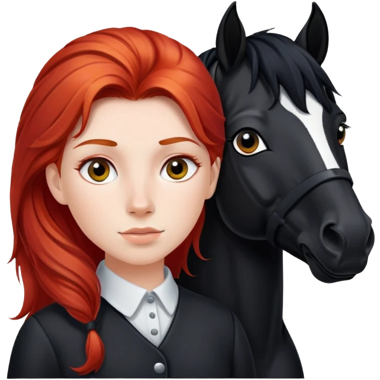 A red-haired girl with a black horse has a white stripe and a black mane on his face emoji