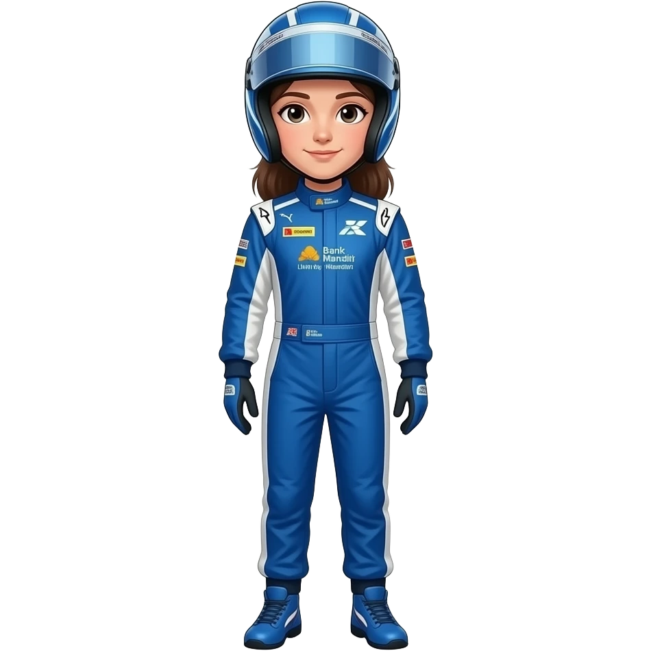 create a f1 girl with blue costume, showing sponsored in costume with logo bank mandiri & livin by mandiri, using f1 helm emoji