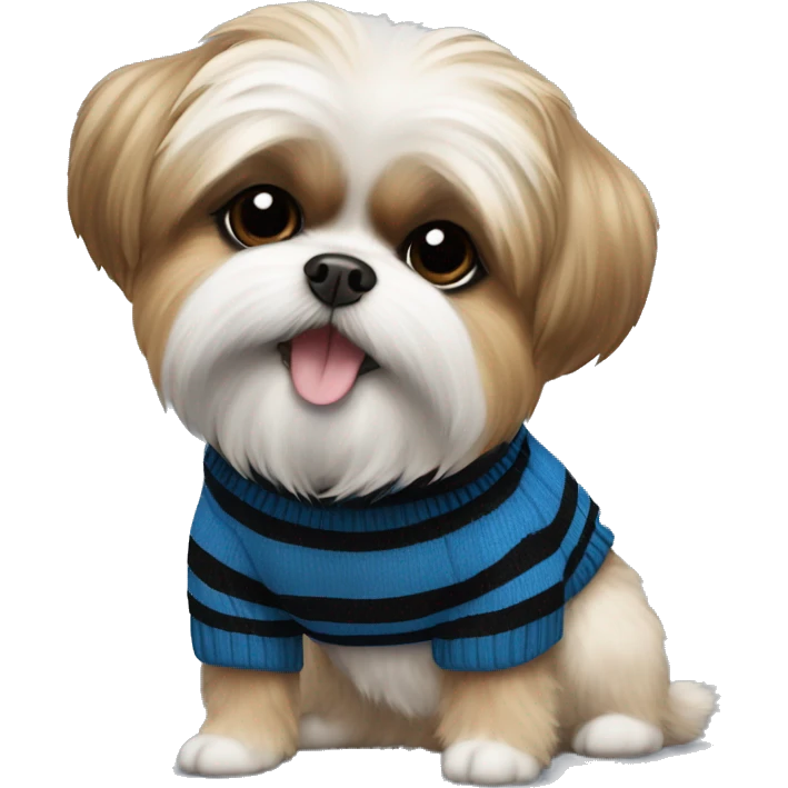Shih Tzu and Pomeranian dog mix with a blue and black stripped sweater on and a black collar  emoji
