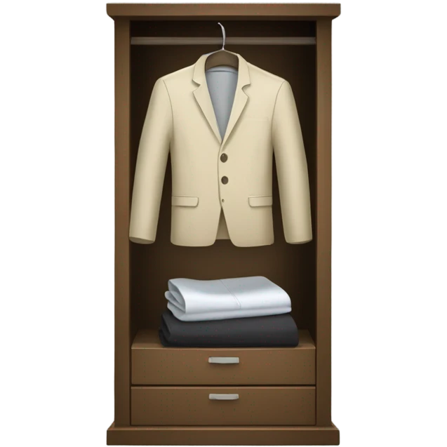 Design an emoji-style icon of an open wardrobe with clothes hanging inside. Include details like a wooden frame, hangers, and only black or white different clothing items such as shirts or any other clothing . Use a clean and minimalistic design. emoji