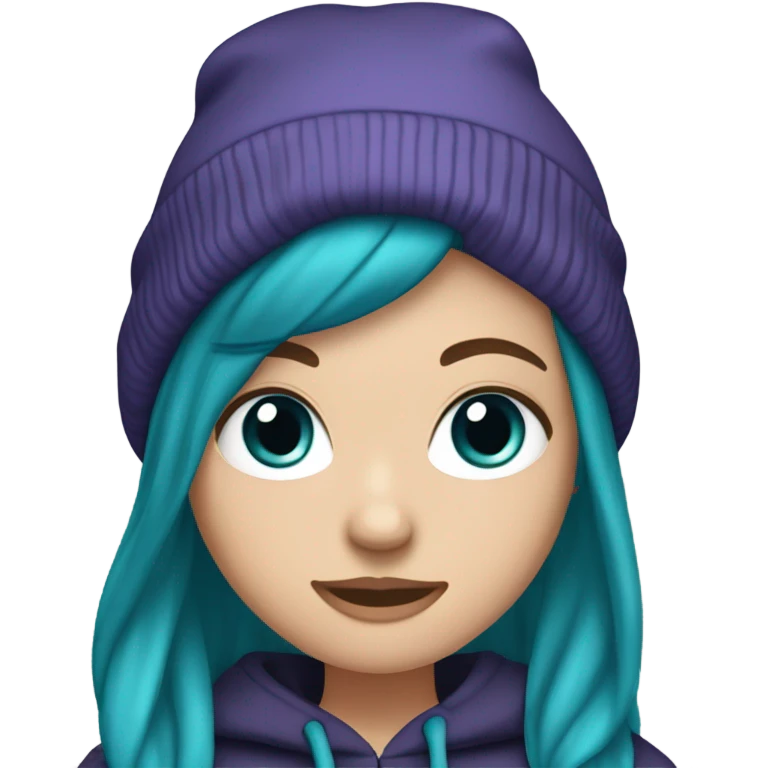 White girl, blue eyes, long teal hair, purple beanie hat, black hoodie, blue jeans, black shoes emoji