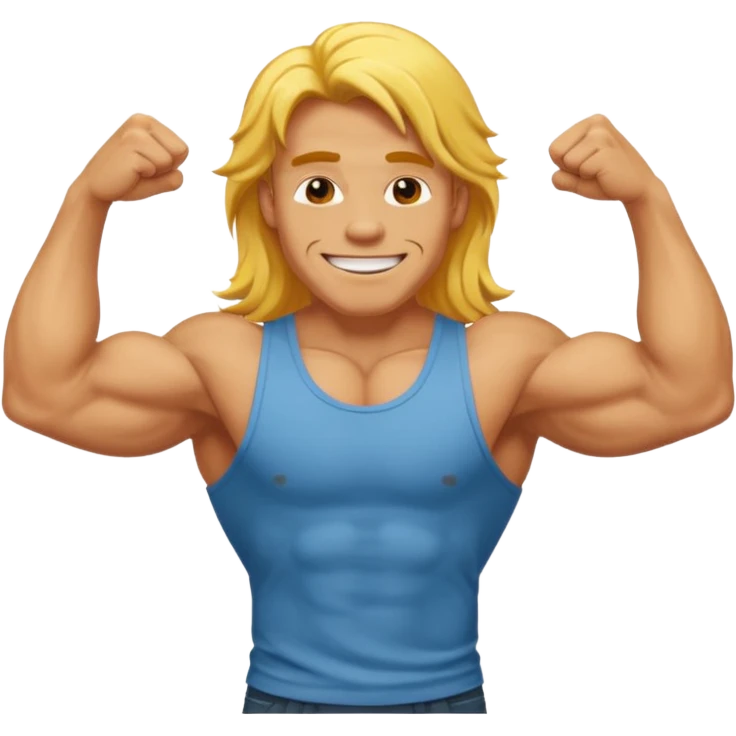 muscled happy guy flexing, long yellow hair emoji