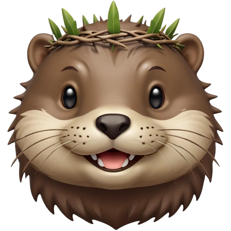 really cute smiling joyful otter face in three-quarter profile view with simple thorny stem wrapped horizontally around its forehead like Jesus Christ's Crown of thorns, no crown shape on top, just thin spiky branches circling the forehead, Apple emoji style, glossy finish, smooth gradients emoji
