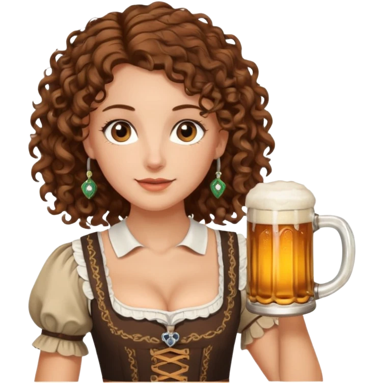 A white woman with brown, shoulder-length curly hair and brown eyes she is wearing a dirndl and holding a beer stein emoji
