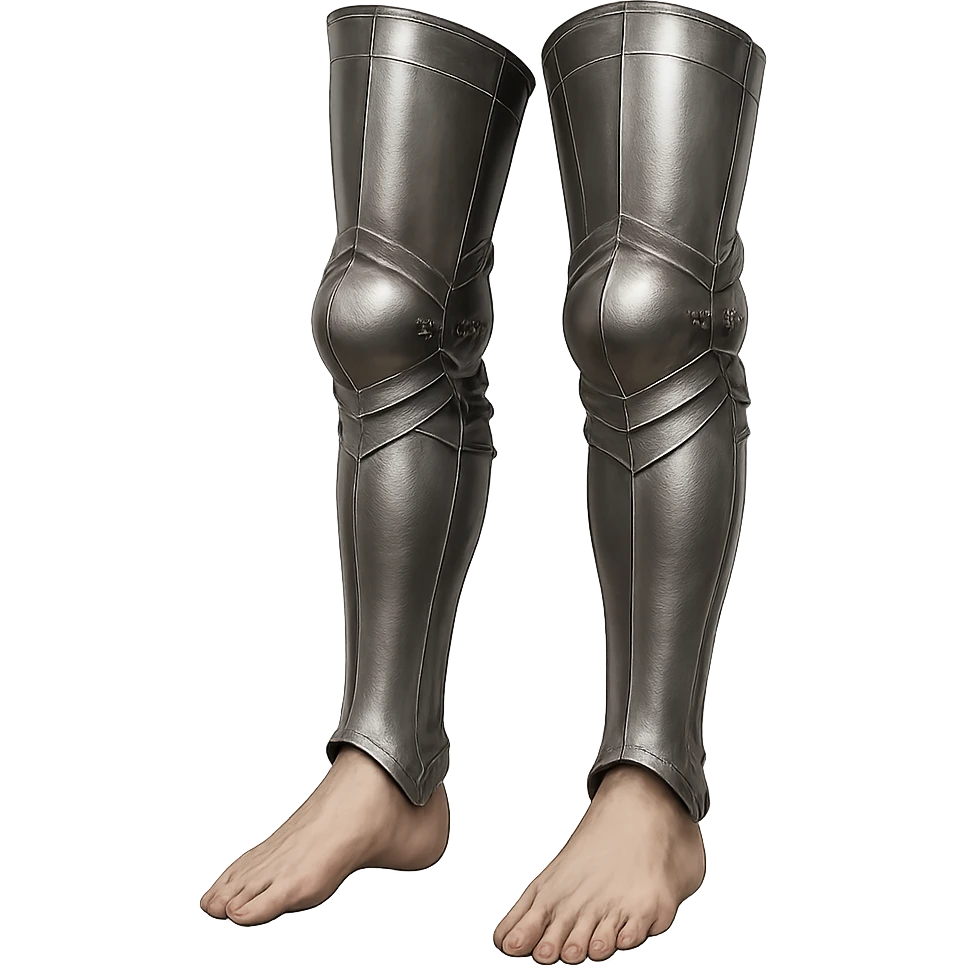 highly detailed realistic medieval fantasy steel platelegs armor, metallic shine, leg armor from thigh to ankle only, open at the bottom, no shoes, no sabatons, no boots, transparent background emoji
