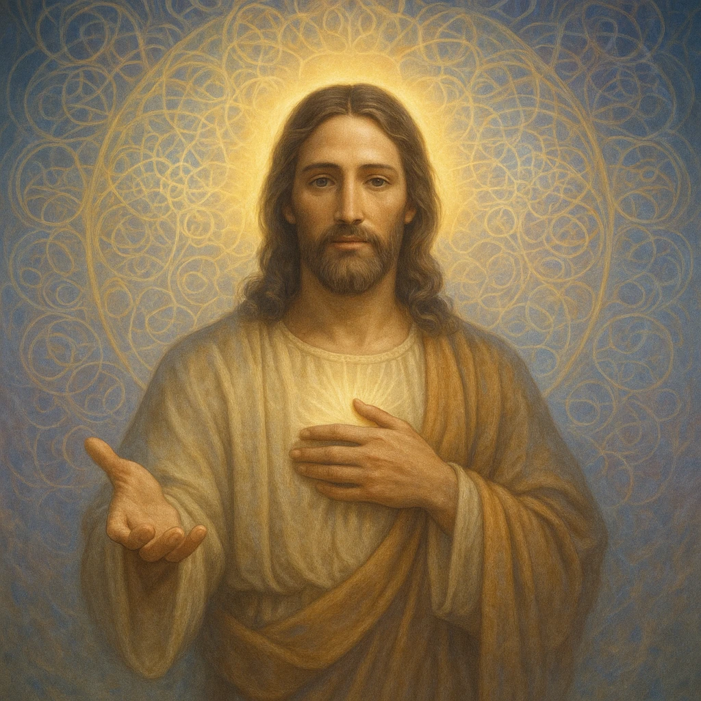 Christ Guardian of Mind, compassionate protector with glowing aura, one hand over heart and other extended outward, ethereal patterns representing thought and clarity, peaceful spiritual style emoji