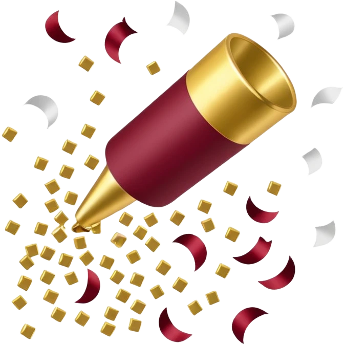 Burgundy and white confetti coming out of gold popper emoji