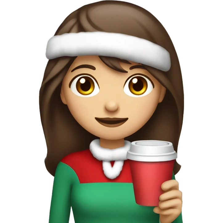 Girl with long brown hair wispy bangs wearing a Santa hat holding a cup of hot chocolate  emoji