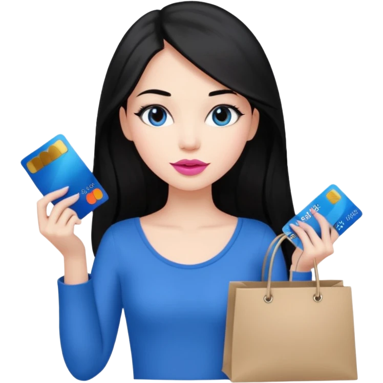 Girl with long black hair, pink lipstick, brown eyes holding shopping bags and blue credit card emoji