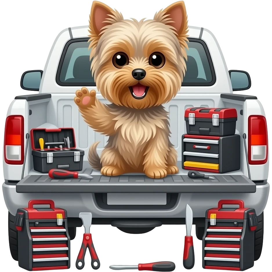 Yorkie dog waving mouth open sitting in a white 4 door truck surrounded by tool boxes and tools emoji