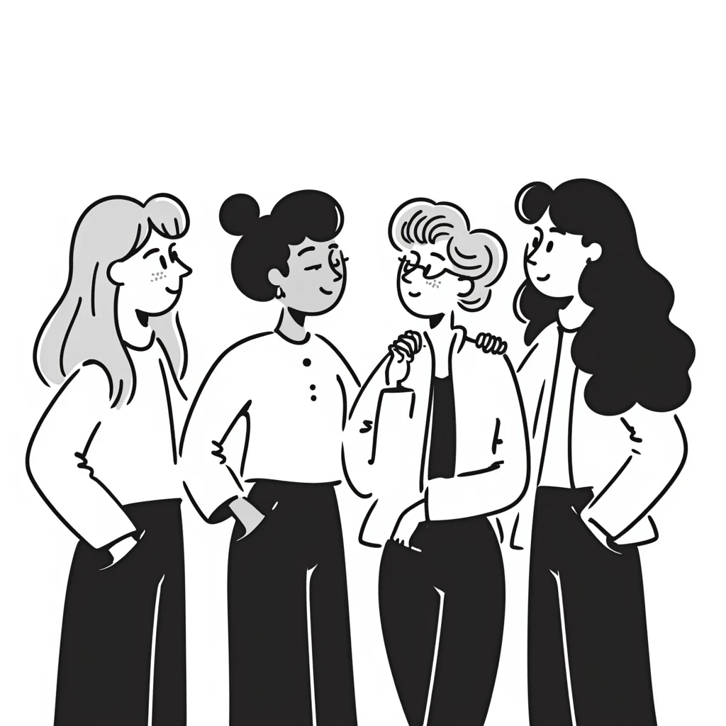 group of four 25-year-old female friends up to waist, drawing style, no bangs, all with middle part hair. From right to left: blonde straight hair with cheeks, slim brunette, blonde wavy hair, slim brunette with very long hair. All wearing casual clothes, neutral background, friendly atmosphere. emoji