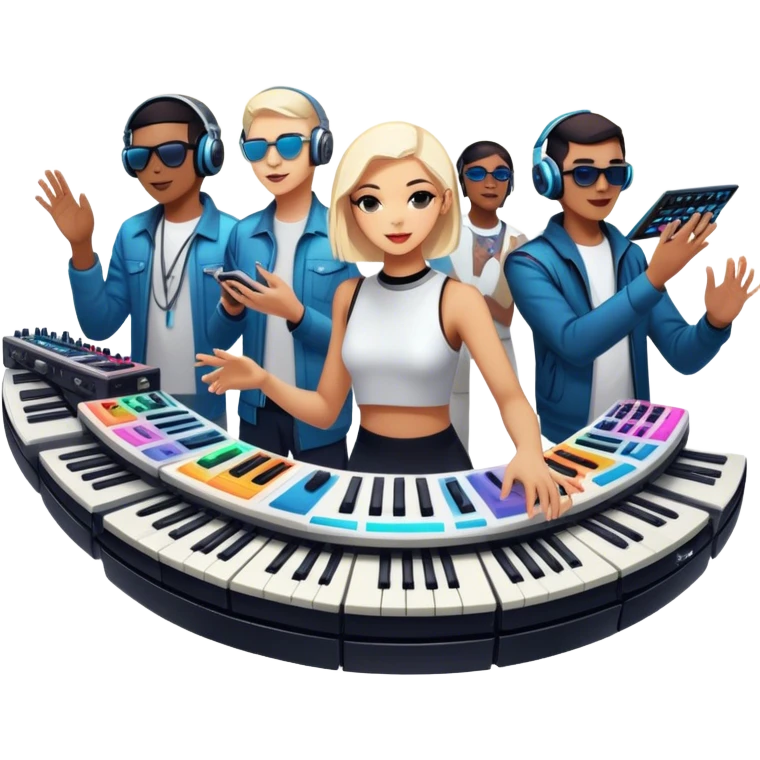 Icon for Electronic Music: Jean-Michel Jarre, Moby, DJ Tiesto, and Jorn van Deynhoven performing with synthesizers, turntables, and futuristic lighting effects. The design should evoke the vibrant and immersive atmosphere of electronic music festivals. Transparent background. emoji