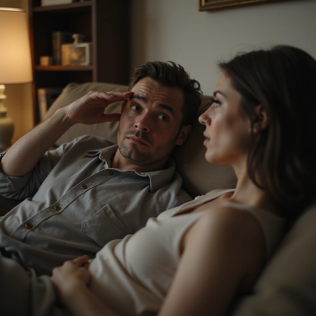 Man lying on the couch, looking insistently at a woman in the room, imploring and theatrical expression, hand on forehead, waiting for her attention, domestic environment, hyperrealistic 4K details emoji