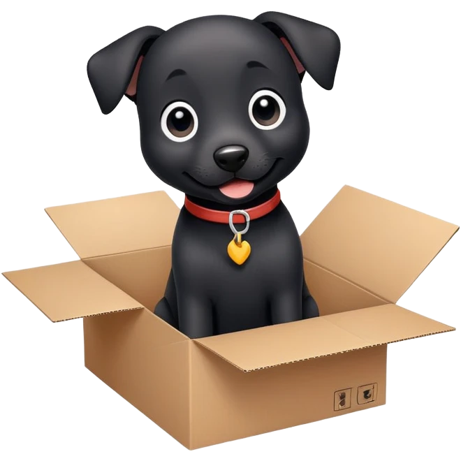  A very cute  young happy black dog with one's head tilted to one side poked its paws out of the cardboard big box and placed them on top of it emoji