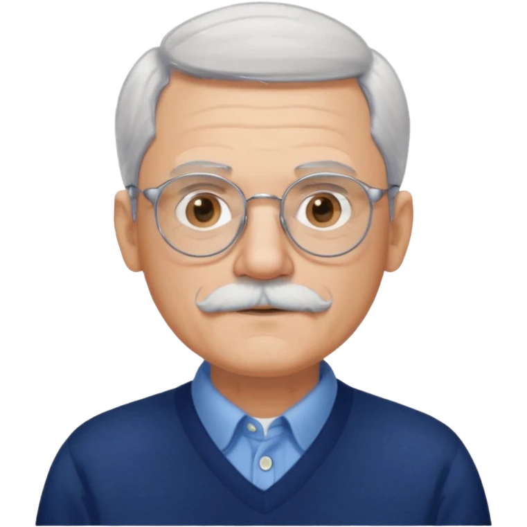 Style anchor + Senior male American, light skin, gray hair, silver round glasses, neat white mustache, navy sweater over blue collared shirt, calm. emoji