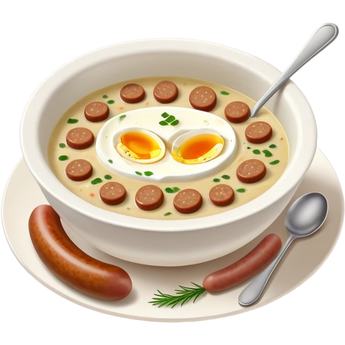 cinematic-realistic zurek-soup-dish-emoji,-depicted-as-a-tangy,-creamy-rye-soup-with-sausage-and-1 boiled egg-rendered-with-detailed-textures-and-warm,-comforting-lighting. emoji