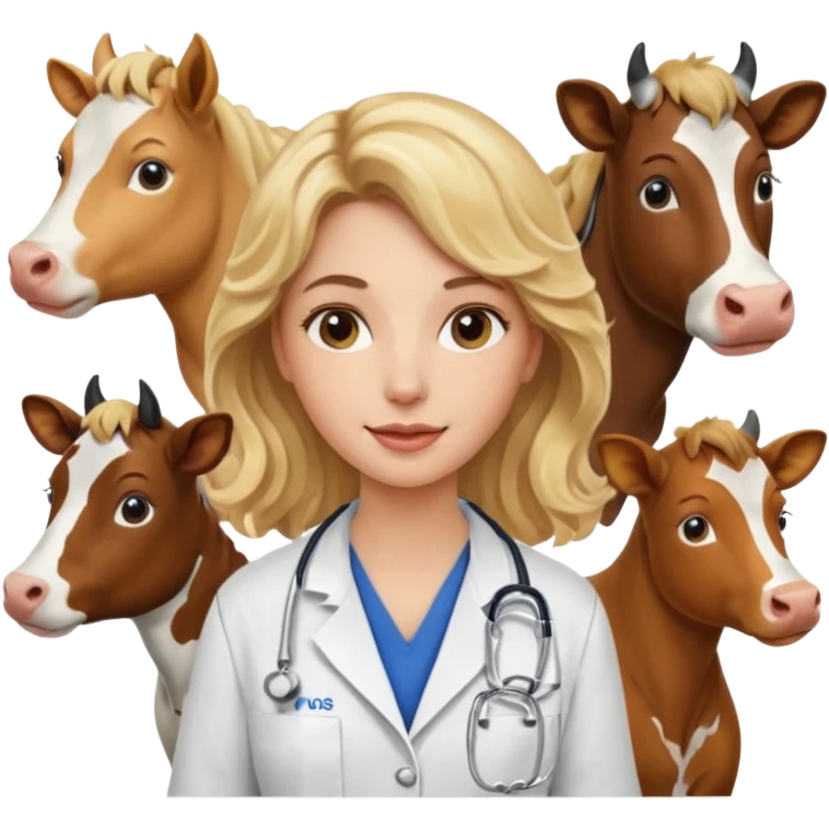 Joven mujer, de cabello rubio con ondas, veterinaria de perros, vacas y caballos emoji