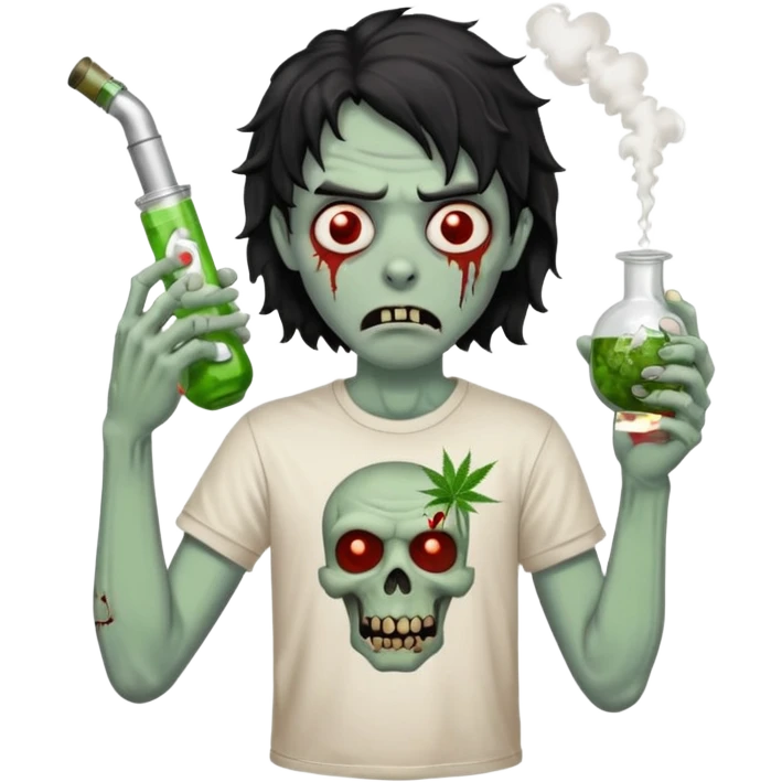 black wavy haired zombie getting stoned with weed t shirt and bong on his hand emoji