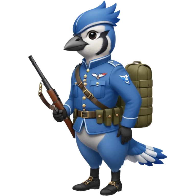 A bluejay bombadier, grenadier, military uniform, bandolier of grenades, bombs, side profile, feet included  emoji