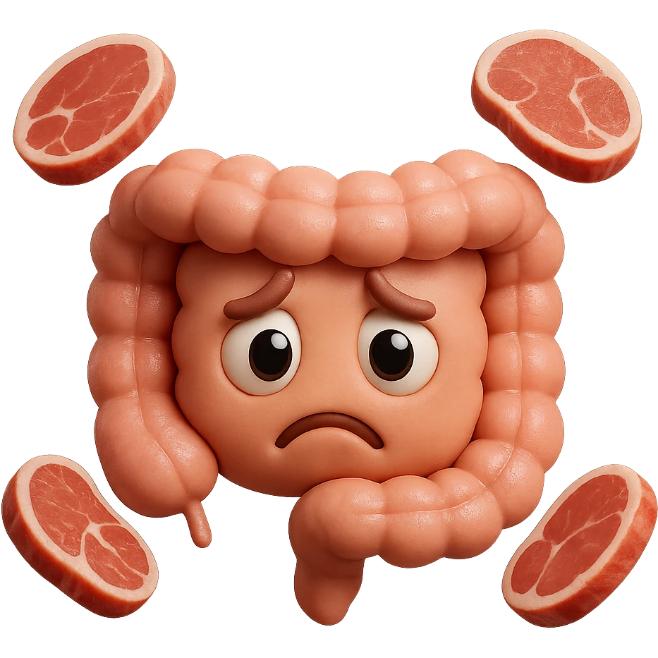 emoji stile iphone in 3d di un intestino triste con fette di carne che gli fluttuano intorno, gli occhi falli con la parte bianca pure, iperrealistico 4k emoji