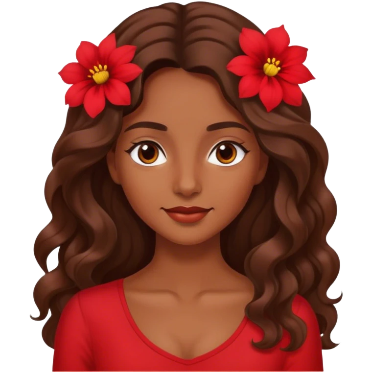 Tanned brown eyed women with long wavy hair red flower background red top emoji