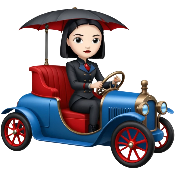 Jedi bounty hunter Wednesday Addams racing sitting in a modern blue,red and pewter steampunk electric luxury emoji