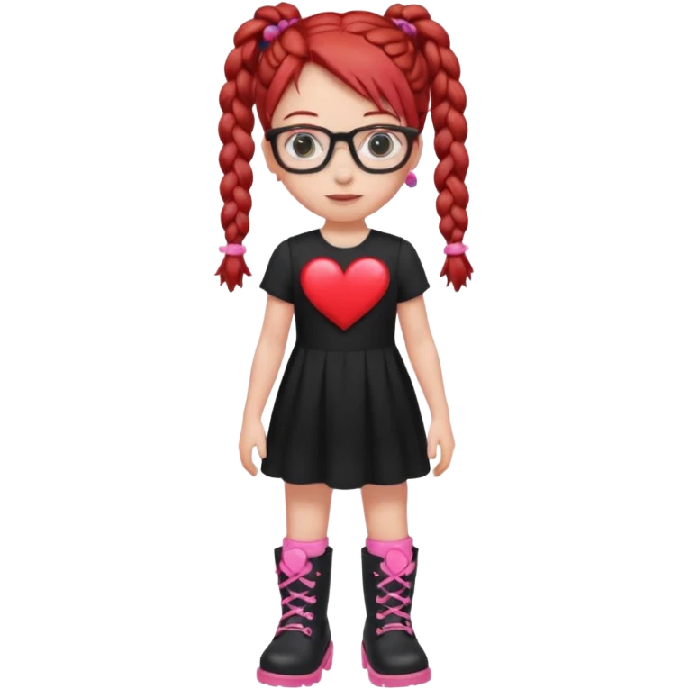 (👧🏻 + Red hair + braids) 👓🥼(Black dress + ♥️) (👢 + pink) emoji