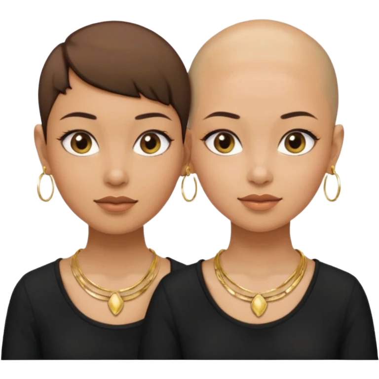 Twin sisters olive skin tone one with bald head and one with pixie brown hair cut wearing gold hoop earrings and gold necklace and black shirts emoji