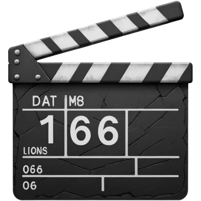 Minimalist emoji-style sticker of a cracked movie clapperboard with the date “06/06/66”, faint scorched marks, all in grayscale


 emoji